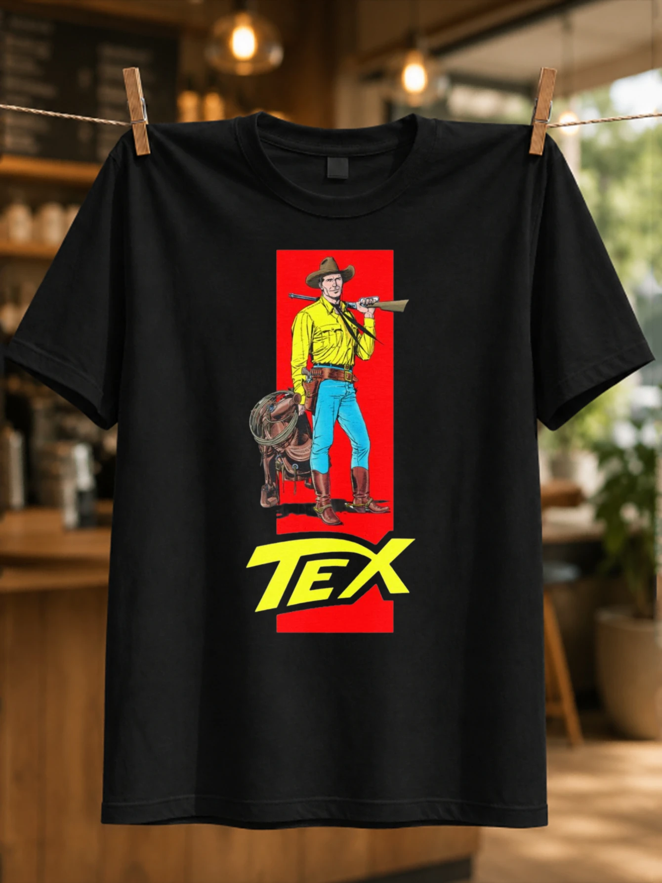 Tex cowboy vintage western hero illustration with rifle saddle and bright red yellow logo panel  Unisex All T-Shirt