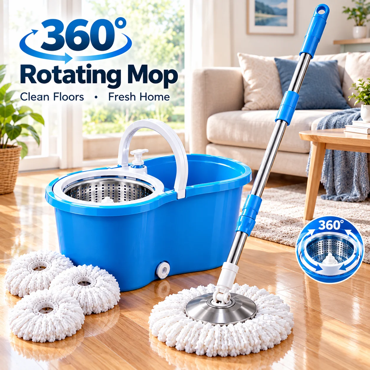 Blue Mop Set Without Extension Tube Featuring A Compact Bucket And Quick-Wring Mechanism For Small Spaces