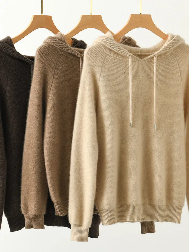 

Утепленный шерстяной вязаный свитер с капюшоном для женщин, осенне-зимняя новинка, свободный крой, большие размеры, стройнящий эффект, вязаная кофта с капюшоном, базовый слой