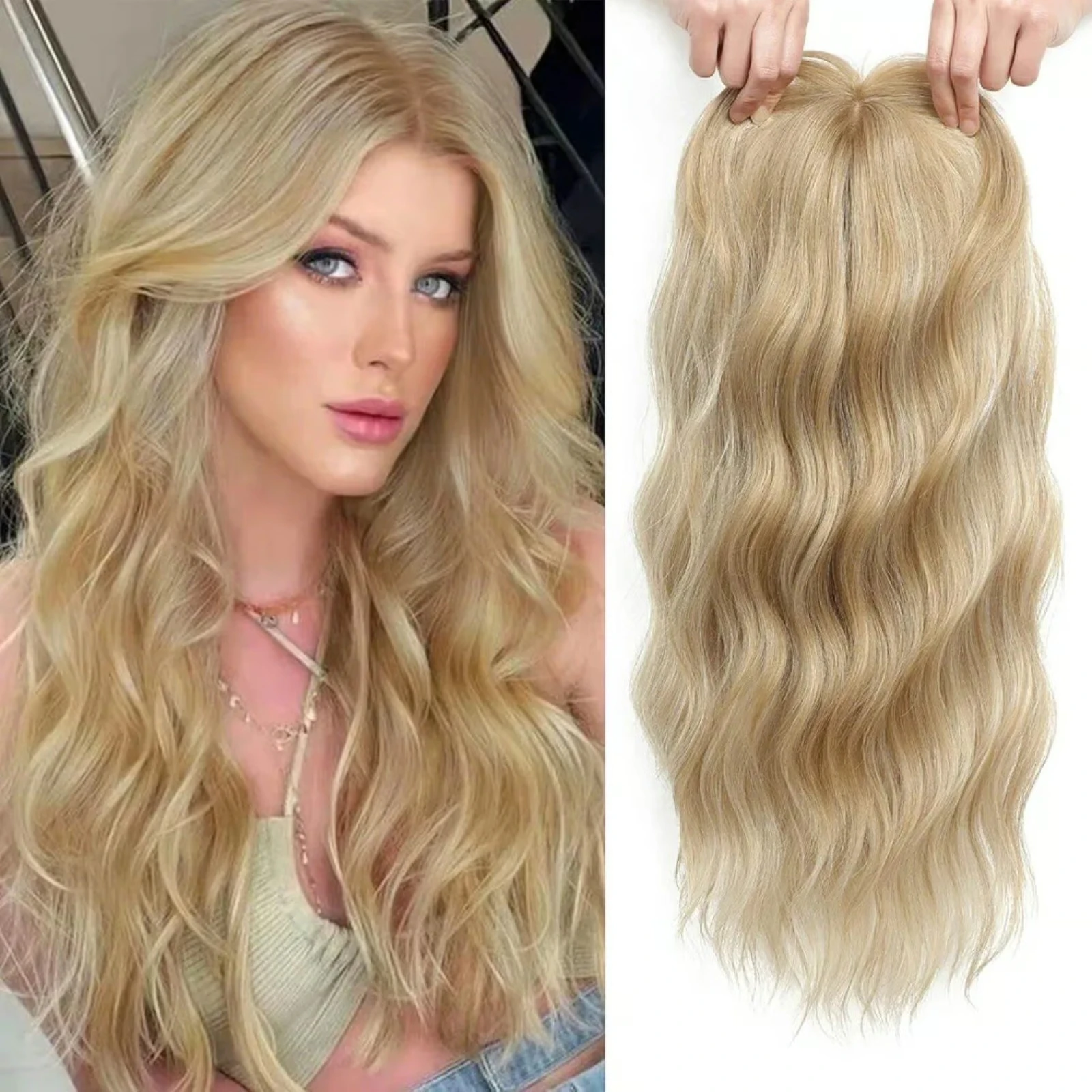 

Full Swiss Lace 100% Human Hair Topper Hand Made Weft Seamlessly Blends With Bio Hair Loose Wave #P8-613