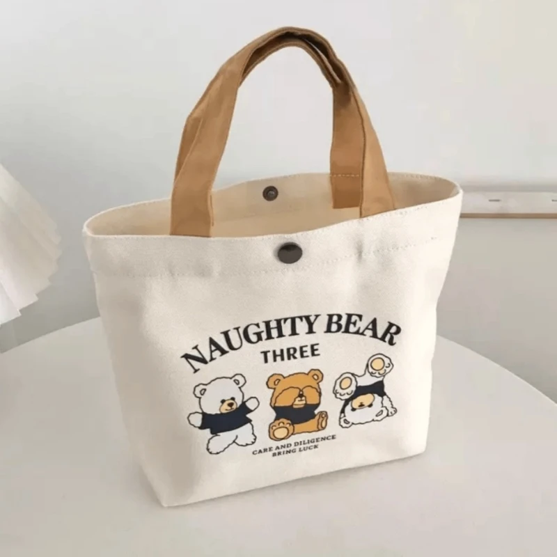 

New Teddy Bear Canvas Bag for Female Students, Portable for Work, Small Size, Hand-held Bento Bag, Handbag, Canvas Bag, Gift Bag