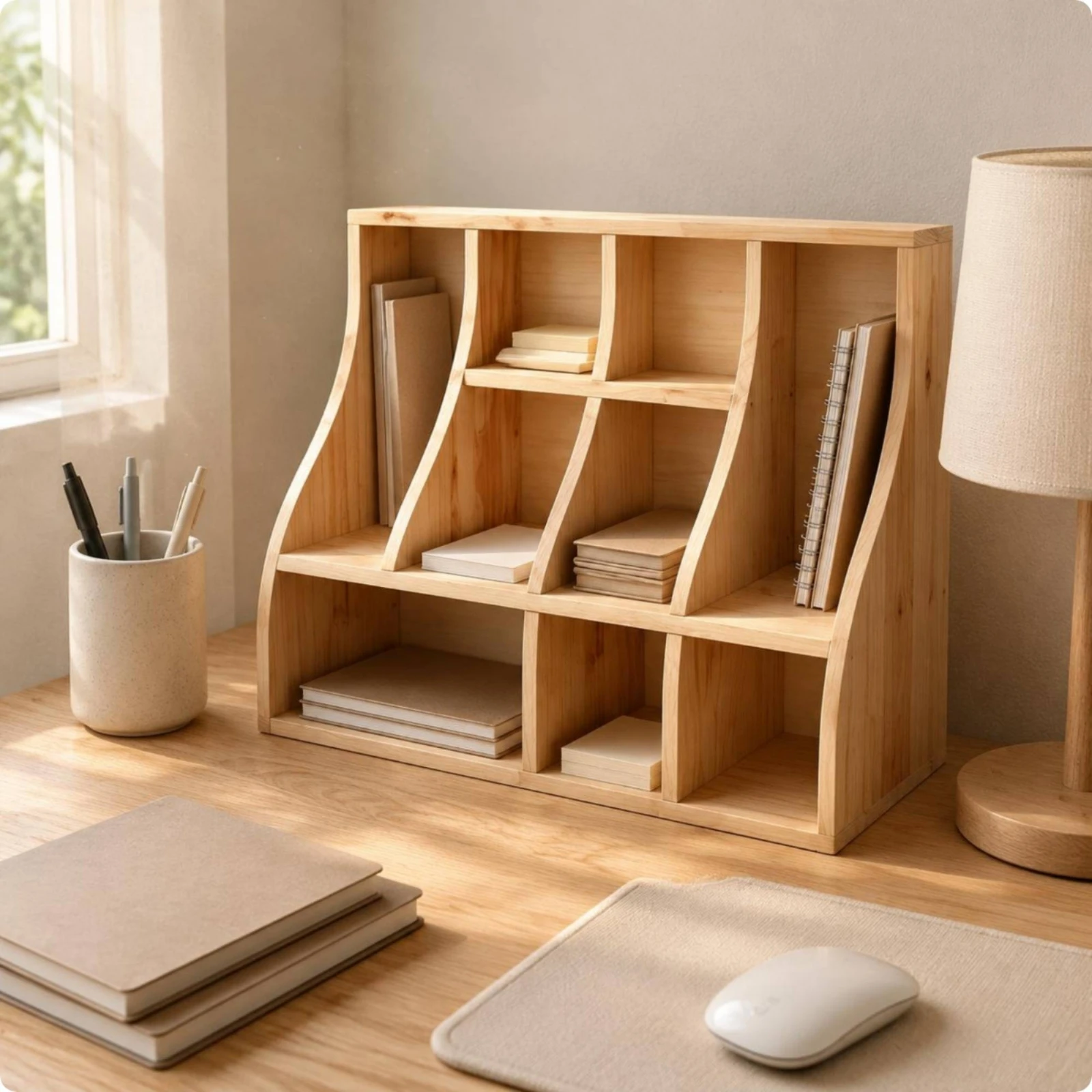Desktop Storage Organizer Multifunctional Wooden Desk Organizer Shelf Curved Divider Shelf Solid Wood Wooden Desktop Rack Rustic