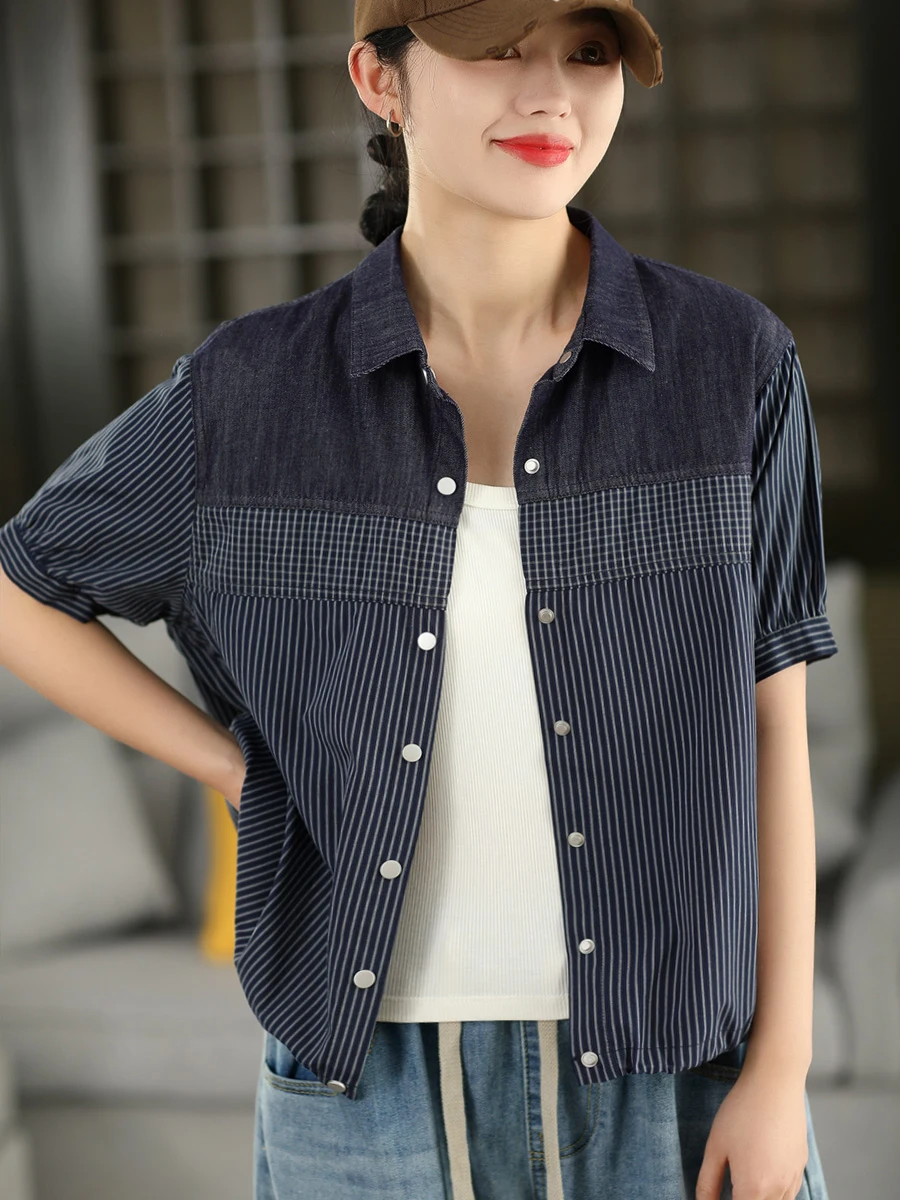 

Retro 100% Cotton Striped Patchwork Turn-down Collar Short Sleeve Women's Summer Single Button Open Cardigan Outerwear