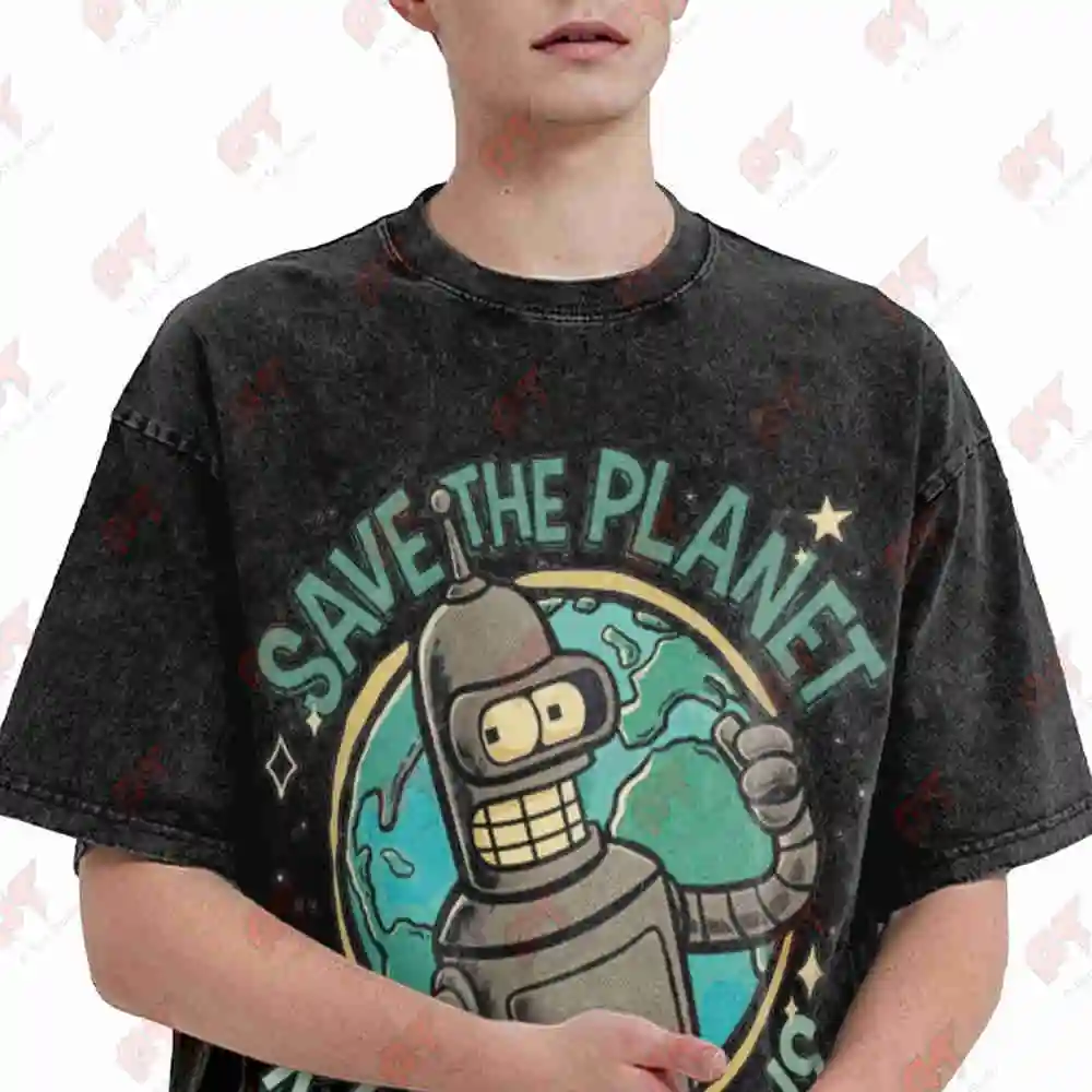 Save The Planet Kill All Humans Robot Vintage Washed Tee Pure Cotton T-Shirt