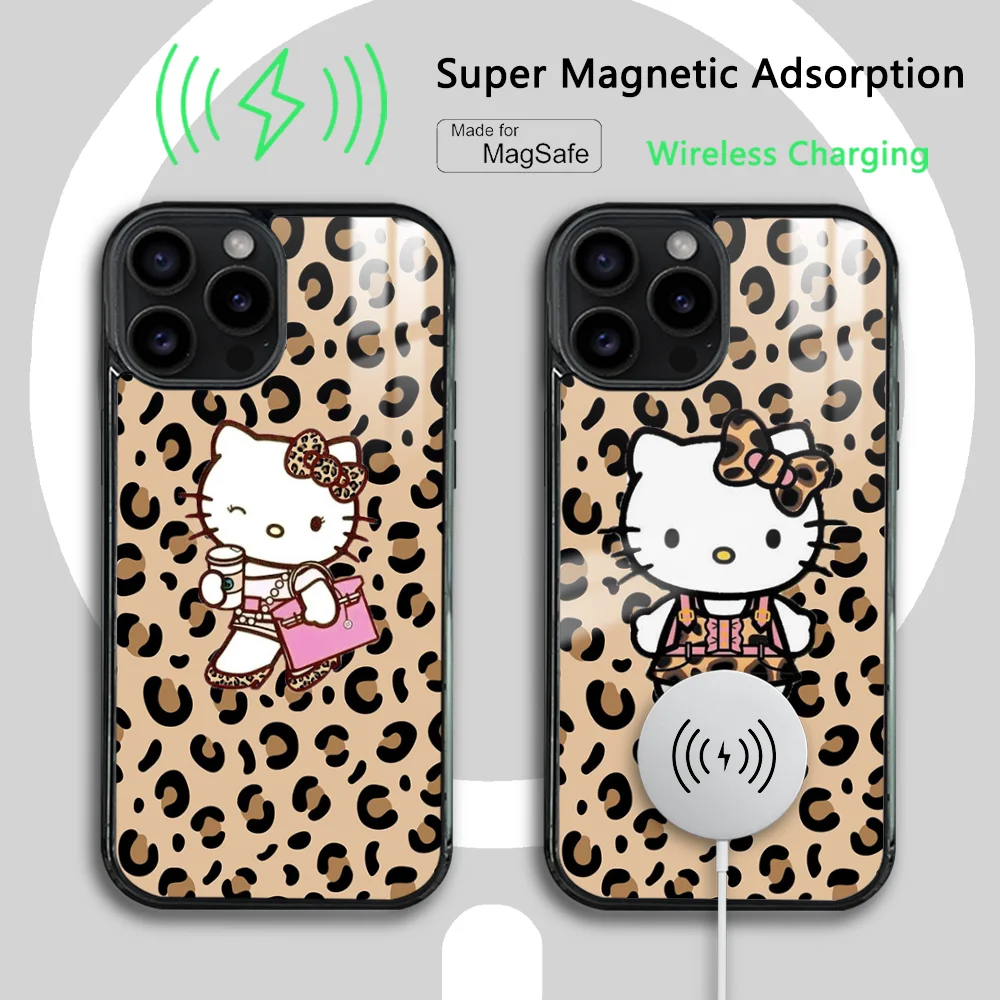 Hallo Kitty Leopard Print Telefon Fall für iPhone 15 14 13 12 11 Pro Max Plus Mini Spiegel Magnetische Abdeckung Funda Magsafe Fall