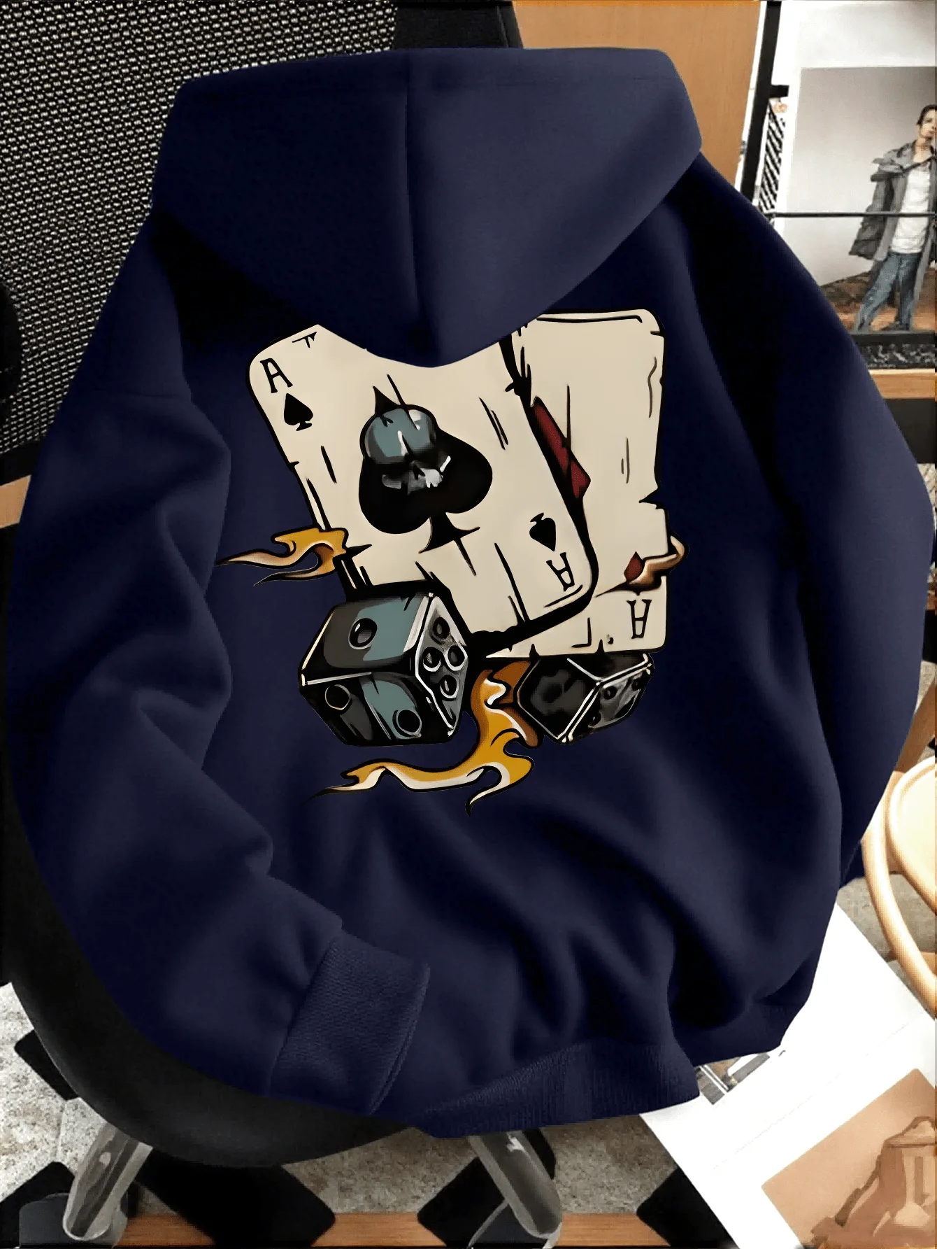 Streetwear Black Hoodie Flame Spade A Print Loose Fit Fashion Hooded Sweatshirt for Men Women