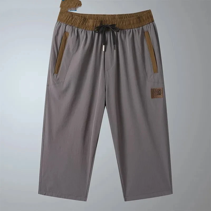 Men Summer Ice Silk Quick Dry Cropped Pants Elastic Waist Casual Sports Capri Trousers
