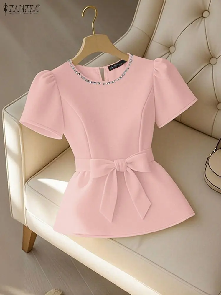 

Офисная женская блузка ZANZEA, летние элегантные облегающие топы с пышными рукавами, туника, стильная рабочая рубашка OL, модные праздничные блузки на шнуровке
