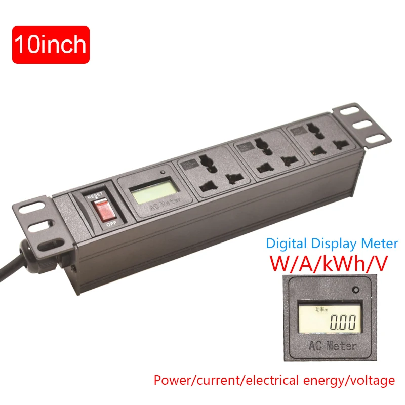 10inch Server Cabinet Mount PDU Power Strip with AC digital display meter W/A/kWh/V Universal Outlet Switch 2Meter Cord