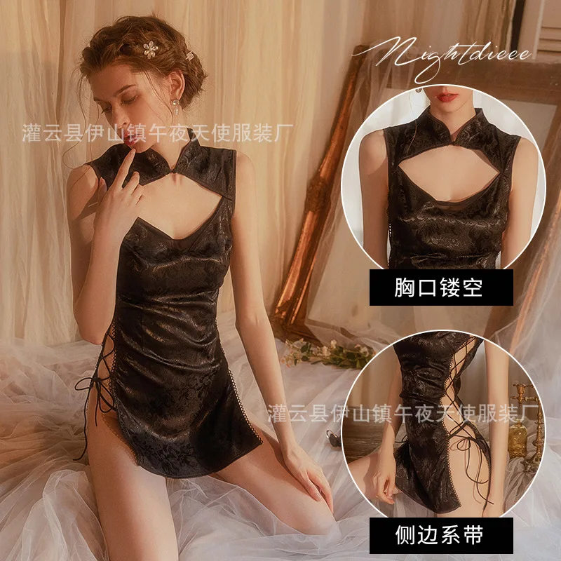 

Fun lingerie new stand up collar with hollowed out side opening and tie up, vintage cheongsam, passionate uniform set on bed