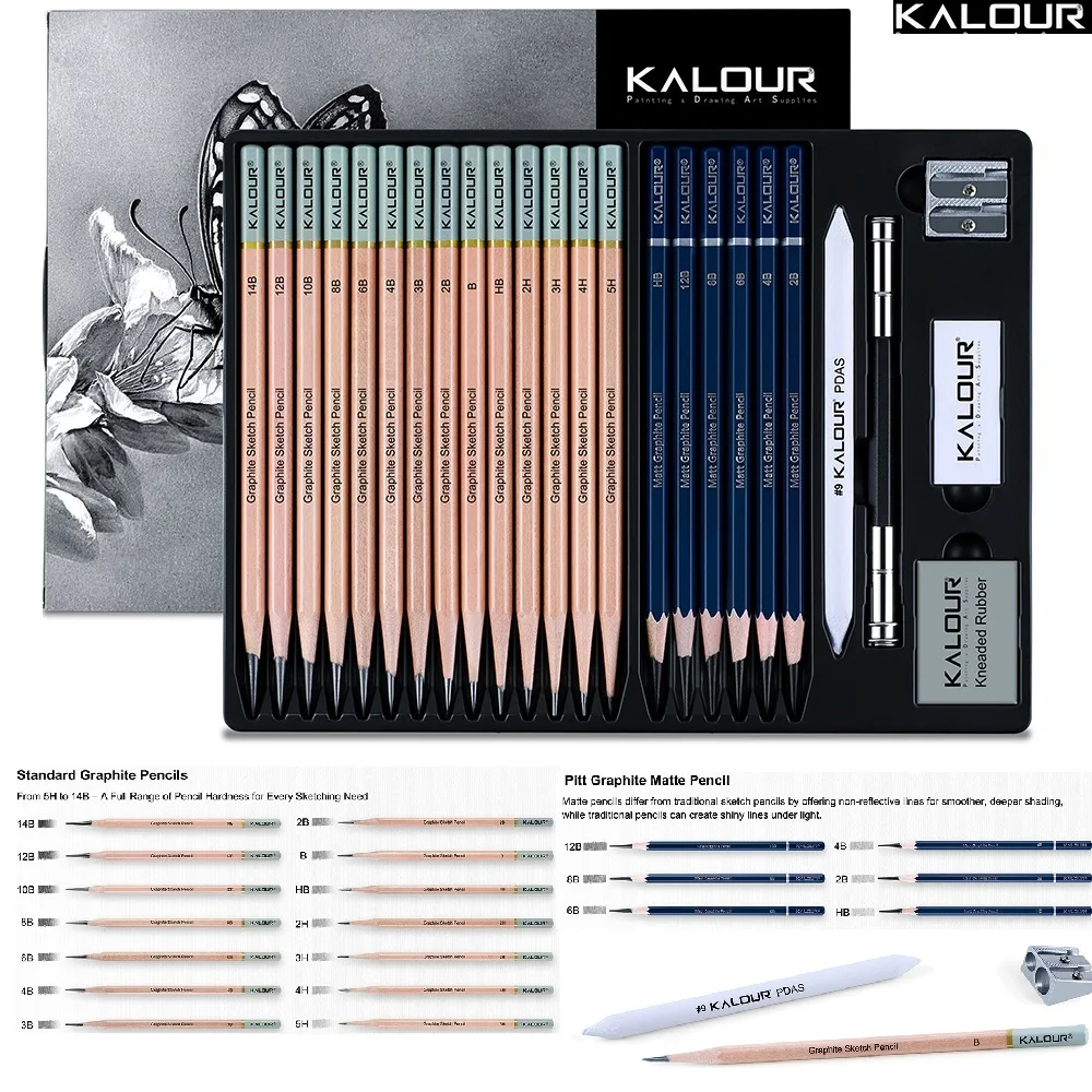 KALOUR 25/22pcs Sketching Pencil Charcoal Tools Set Professional Painting Stationery Safe and Non-toxic Matte Art Drawing