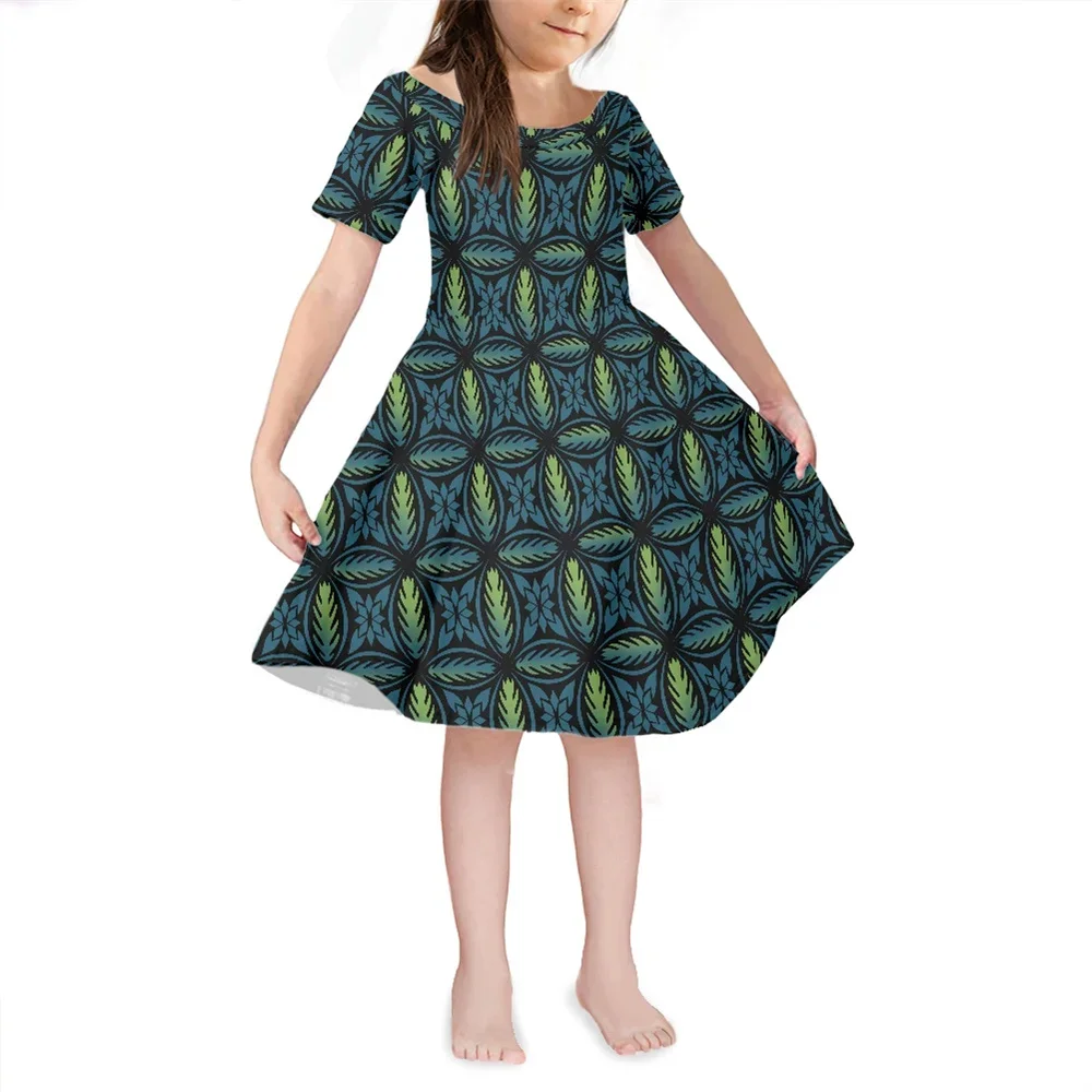 Factory Outlet Summer Girl Dresses 2023 Custom Polynesian Tribal Clothes Hibiscus Samoa Fijian Print Kid Party Knee-length Dress