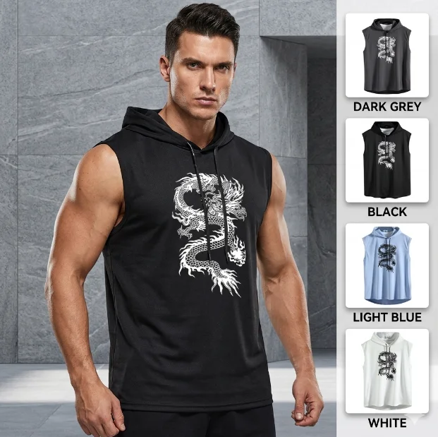 Men's Dragon Print Workout Hoodie Tank Top Sleeveless Hooded Cut Off Shirt Bodybuilding Muscle T Shirts