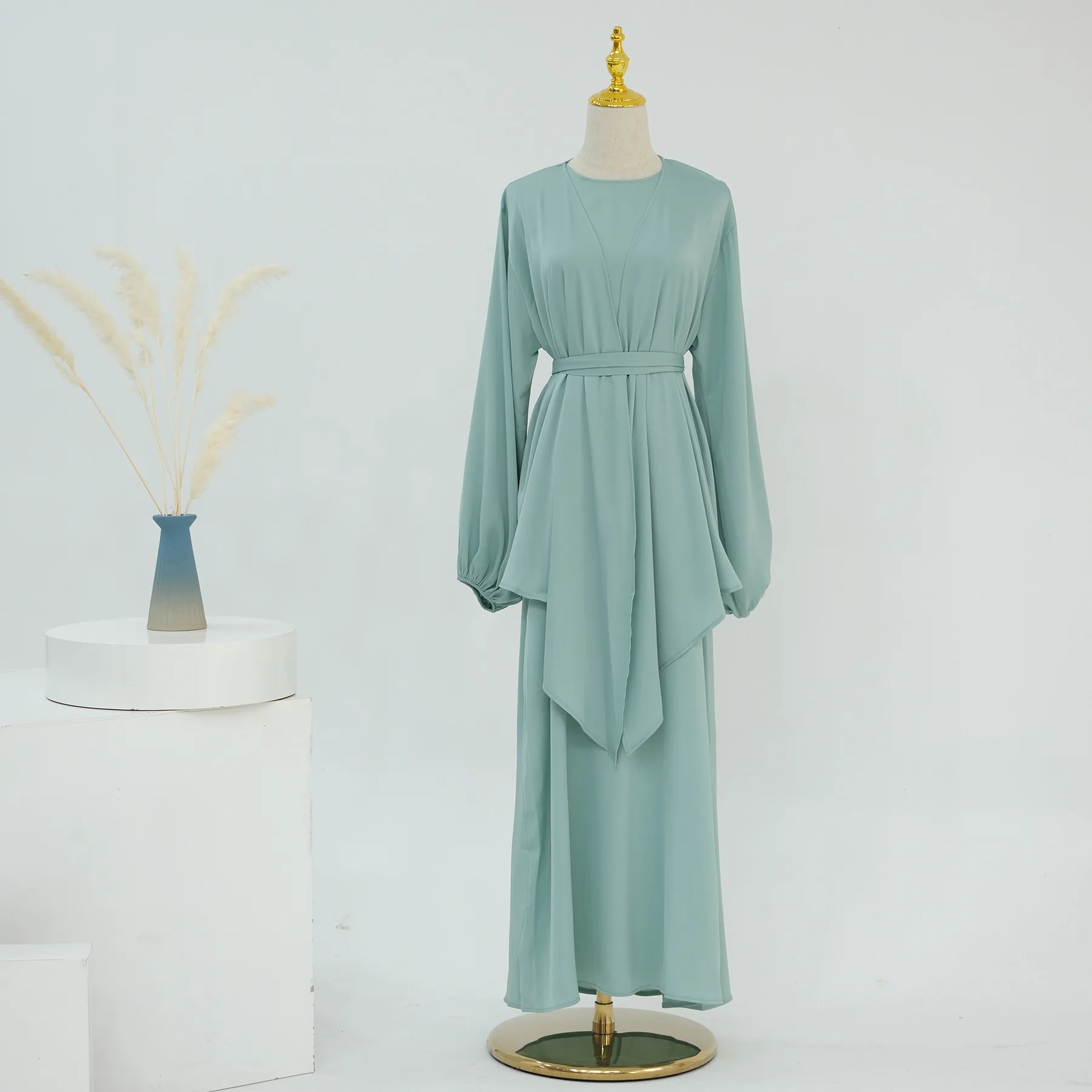 Uni nouvelle mode deux pièces robe dubaï solide trompette Abaya manches bouffantes vêtements féminins 2025