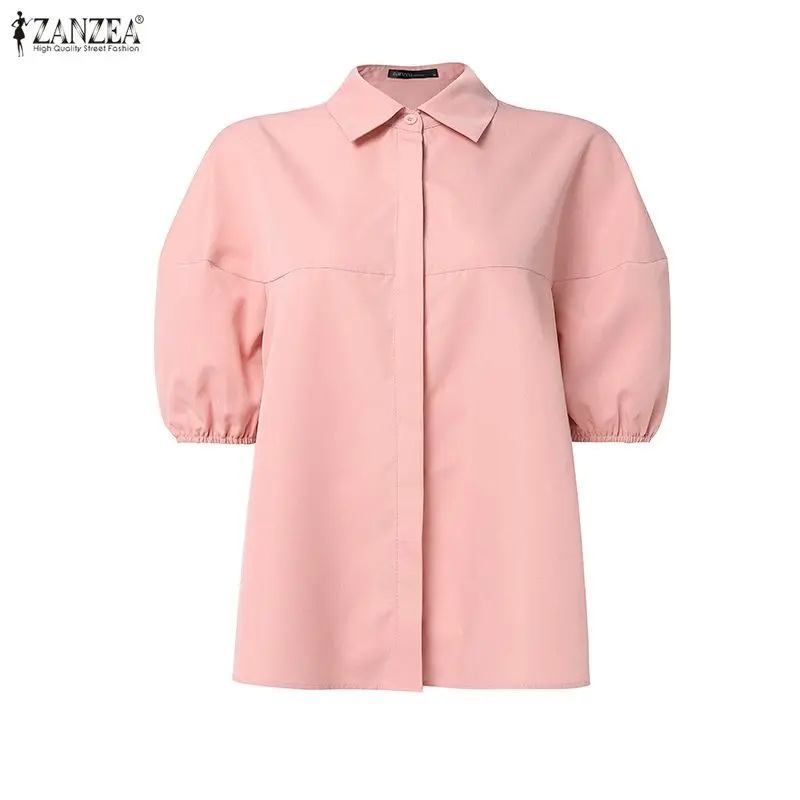 

2026 ZANZEA, модные рубашки, женские летние повседневные блузки с коротким рукавом, свободные однотонные стильные топы большого размера с пуговицами и лацканами OL Blusas