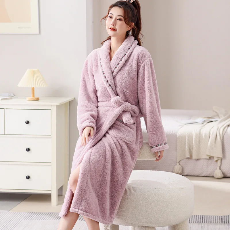 Womens Thermal Solid Fleece V‑neck Simple Casual Nightgown Bathrobe Plus‑Size Winter Morning Robe Long Gown Wearable Bath Towel