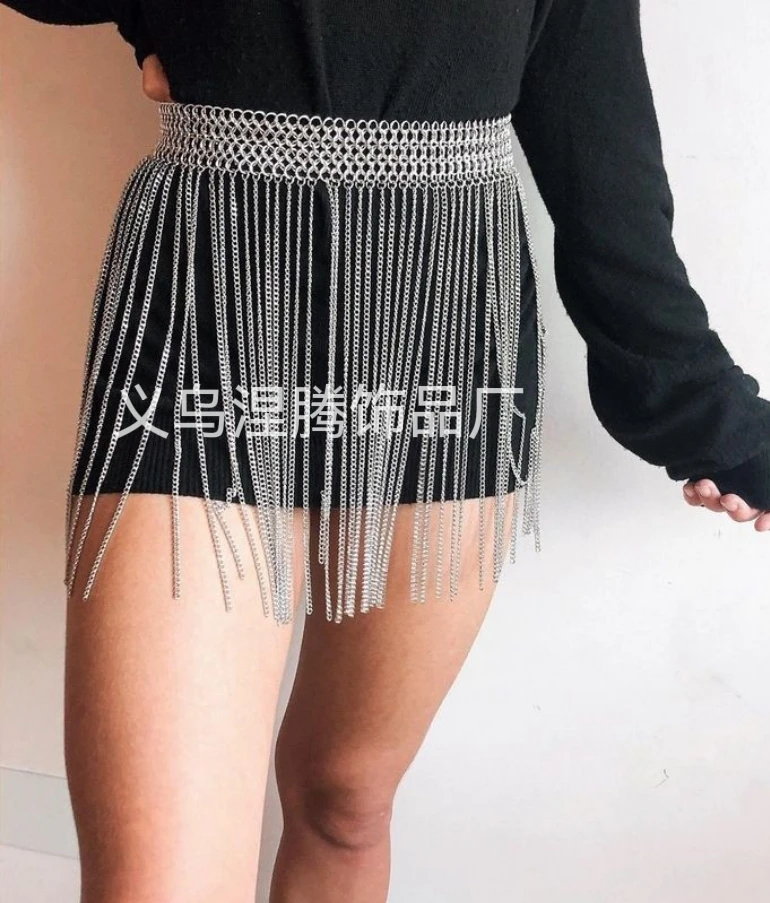

European and American fashion handmade metal chain waist chain, fringed alloy body chain, gold metal color