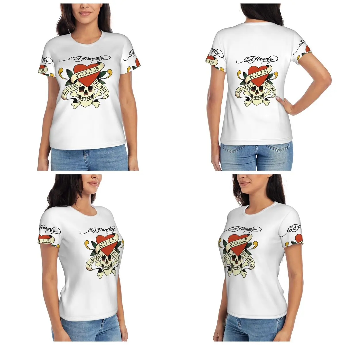 Ed Hardy Love Kills Slowly T-Shirt for Women Round Neck Streetwear T Shirts Women's Tees Short Summer Clothes Tops