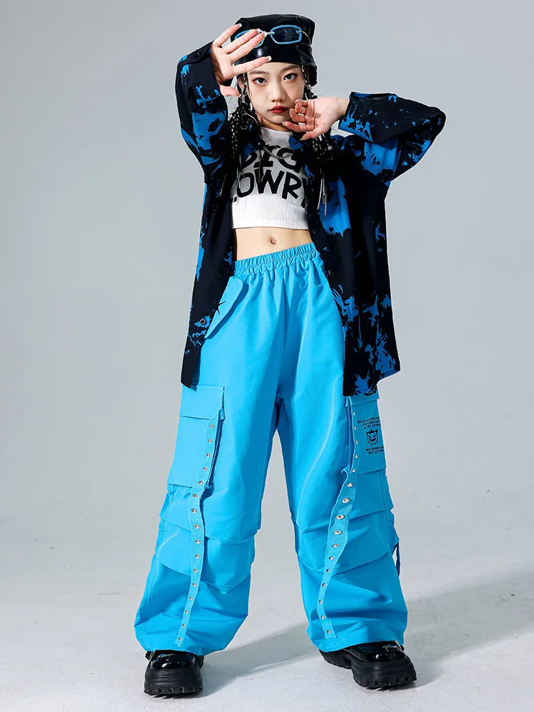 Jungen K-pop Street Dance Sets Tie-dye Hemd Cargo Hosen Mädchen Hip Hop Blau Jogger Kinder Kleidung Kinder jazz Streetwear