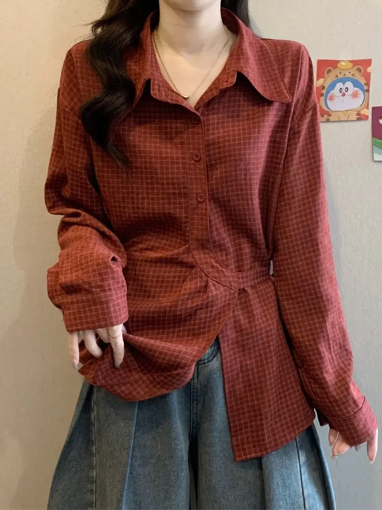 

Женская асимметричная блузка в клетку с длинным рукавом, приталенная, больших размеров, в корейском стиле, для повседневной носки, весна 2026