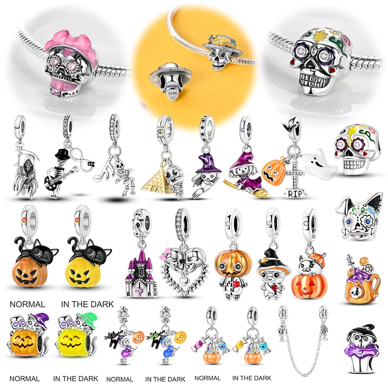 Hot Sale 925 Sterling Silver Charms Beads Bouncing Skeleton Pumpkin Item Series Pendants Fit Original Bracelet Women Jewelry Gif