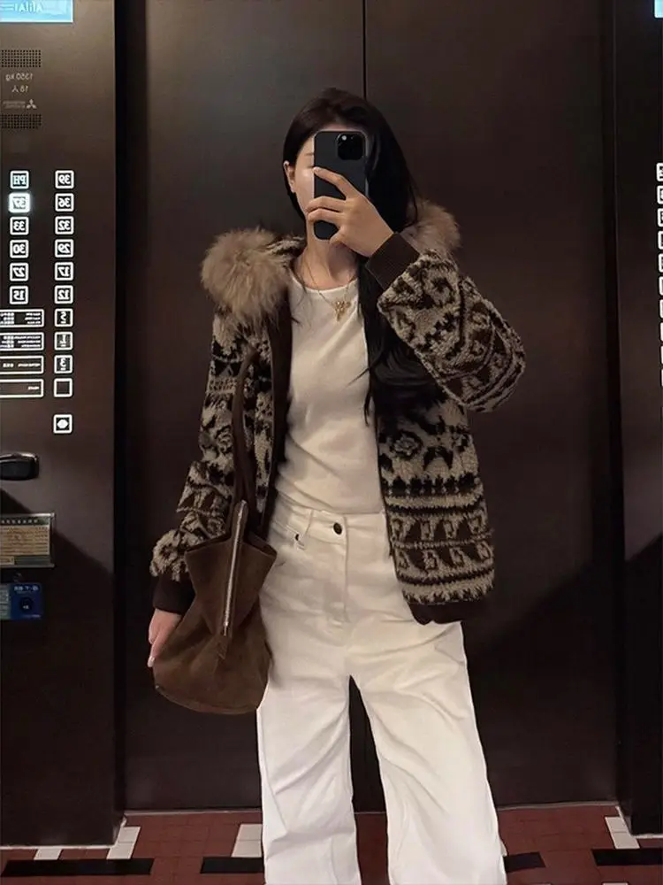 

Женское зимнее теплое пальто с меховым воротником в стиле ретро, роскошное меховое пальто на молнии с геометрическим узором, свободное длинное пальто све