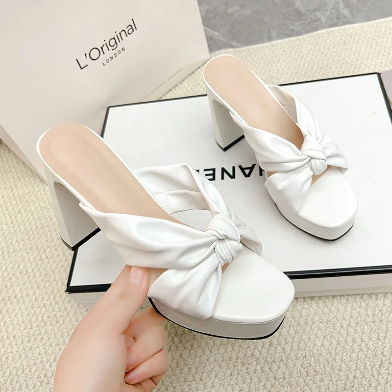 

Fashion Bow Pleated Platform Slippers Summer New Round Toe Open Toe Anti-slip Wear-resistant High Heels