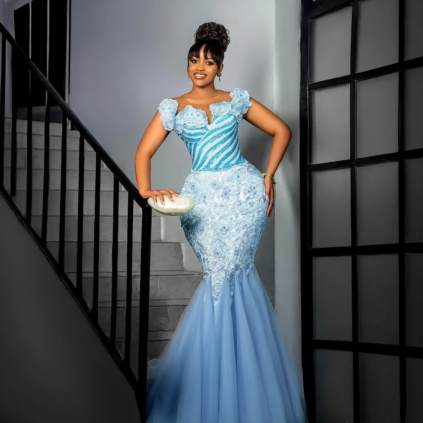 

Light Sky Blue Mermaid Prom Dresses Lace Beaded Vintage Evening Dress Engagement Gowns Plus Size Dress Customized