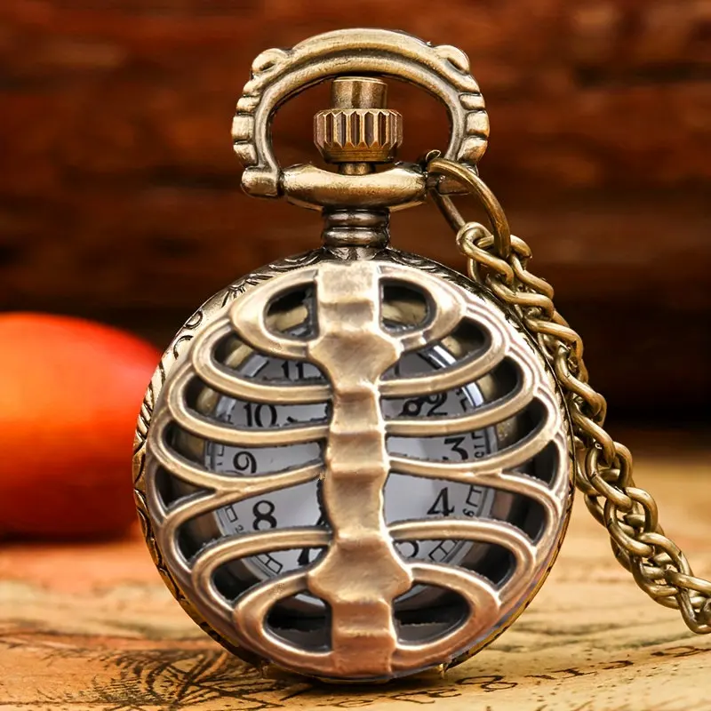 Vintage Bronze Bone Quartz Pocket Watch Small Size With Necklace Chain Gift for Women Kid Children Hollow Clock Hombre Relojes