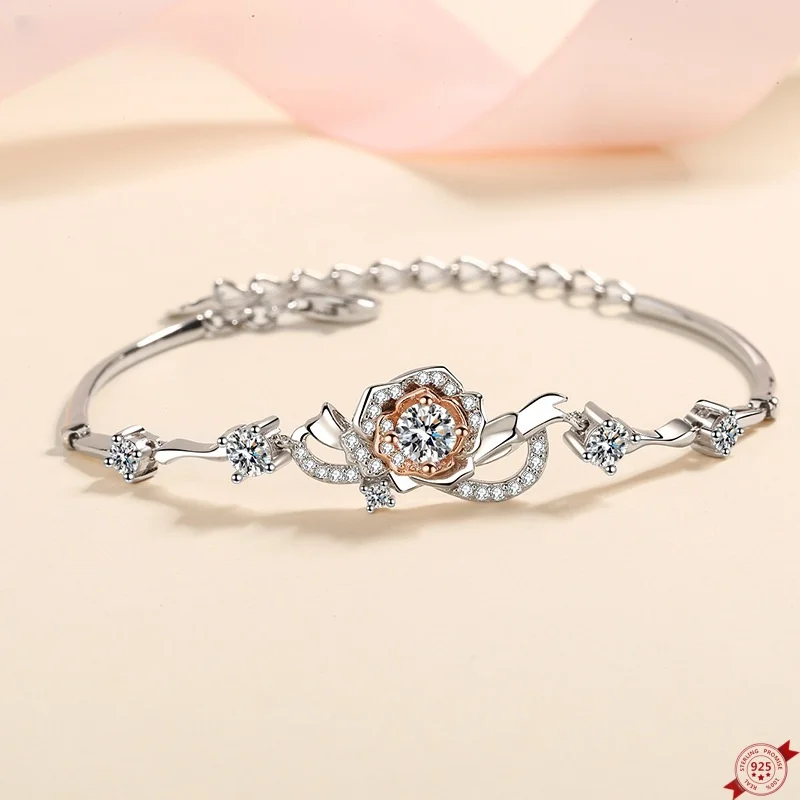 

1.4ct Moissanite S925 Sterling Silver Bracelets for Women Plated Pt950 Rose Bamboo-chain Bangle Lover's Gift Jewelry Wholesale