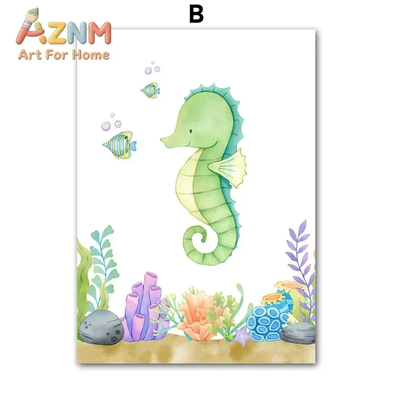 Octopus Seahorse Whale Shark Turtle Crab Nordic Nursery Wall Art Posters Prints Canvas Painting  Pictures Baby Kids Room Deco