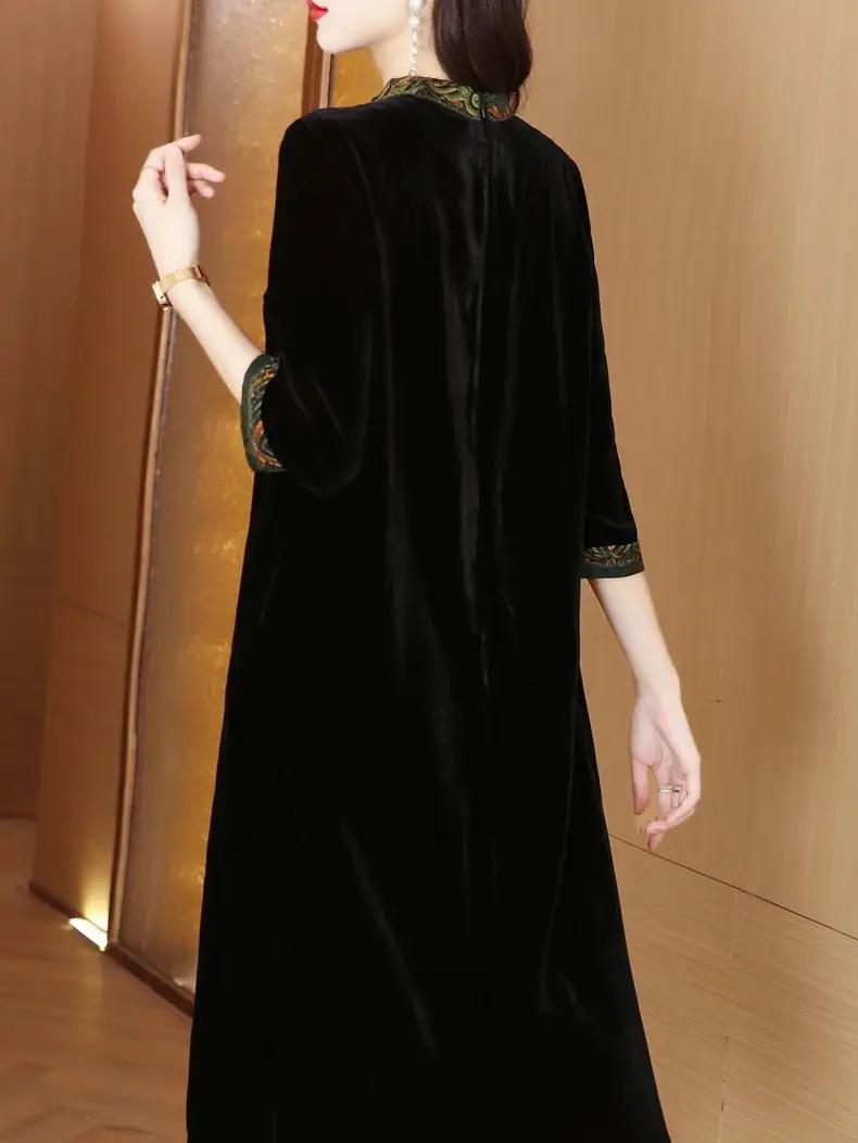 2023 New Fashion Silk Velvet Dress Women\'s Autumn Vintage Embroidery Knee Length Dress Korean Black Loose Fit Party Vestidos