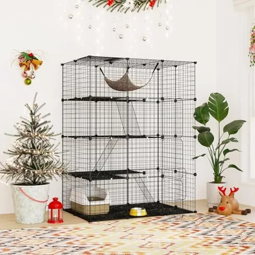 4-Tier Cat Cages Indoor, Metal Wire Cat Enclosure with Extra Large Hammock, 3 Ladders, and 4 Lockable Doors, Detachable