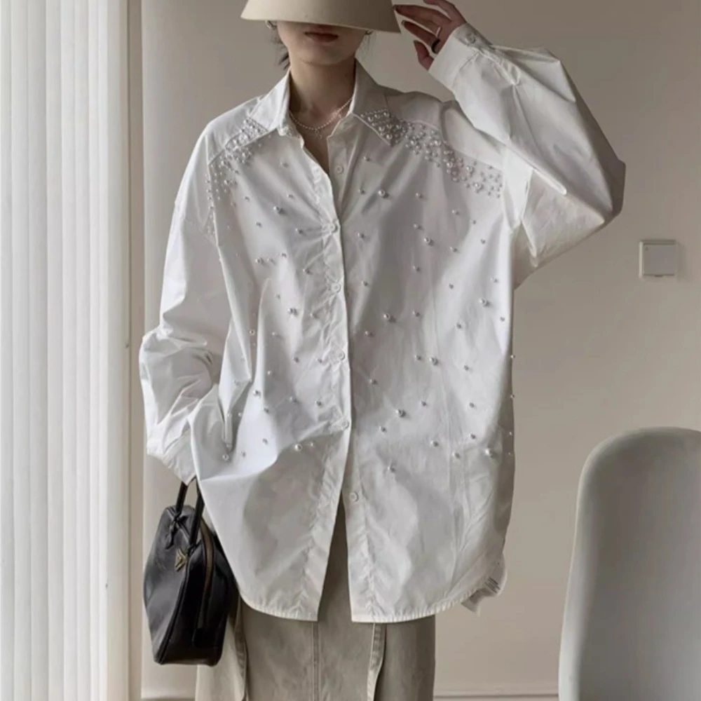 TWOTWINSTYLE Solid Spliced Pearl Normcore Shirt Female Lapel Long Sleeve Elegant Loose Women's Shirts Autumn Style Fashion New