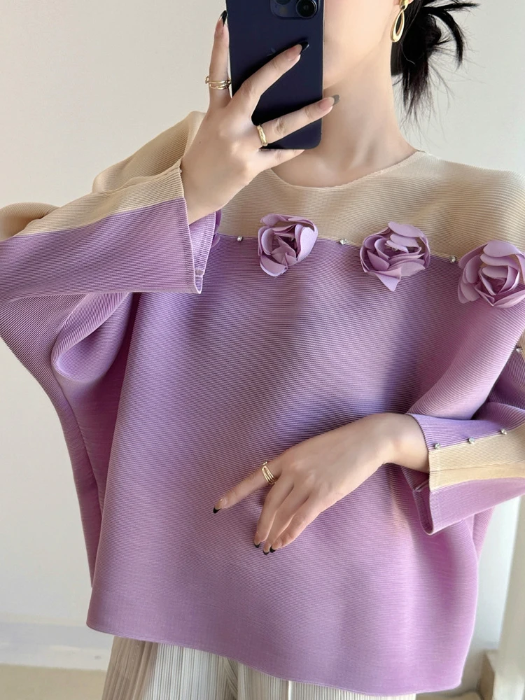 LANMREM Three Dimensional Flower Studded Diamond Pleated T Shirt Women French Style Long Sleeves Color Block Chic Top 2DB1640