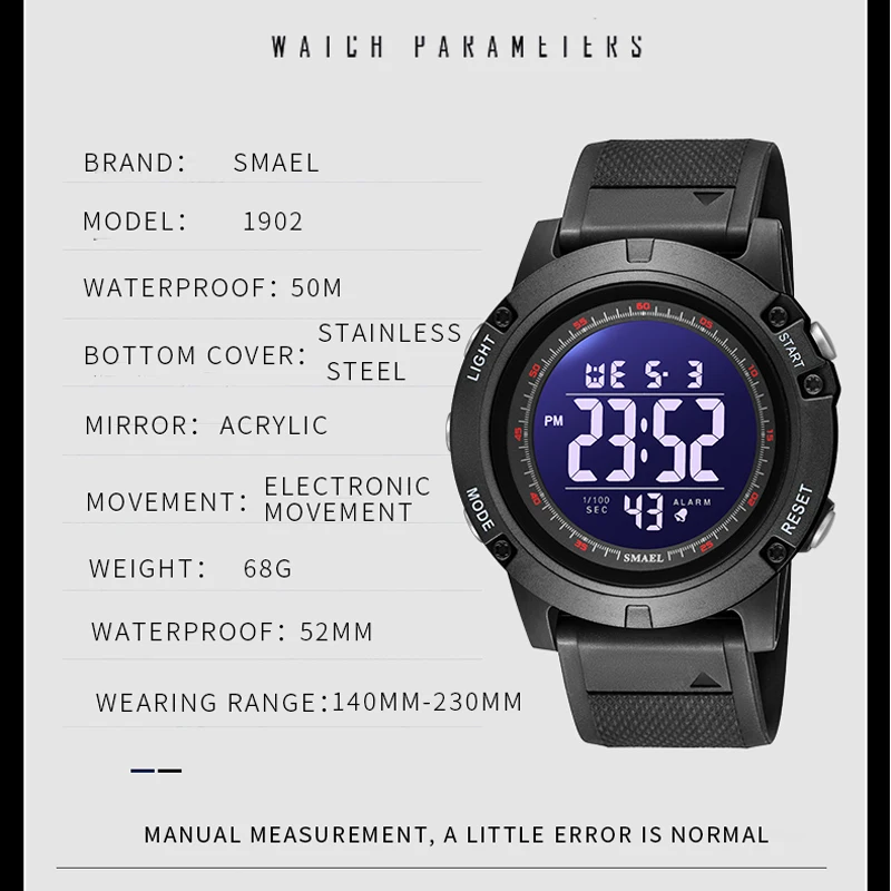 SMAEL Youth Digital Sport Watches for Men Waterproof Stopwatch LED Electronic Back Light Alarm Wristwatch Male Gifts