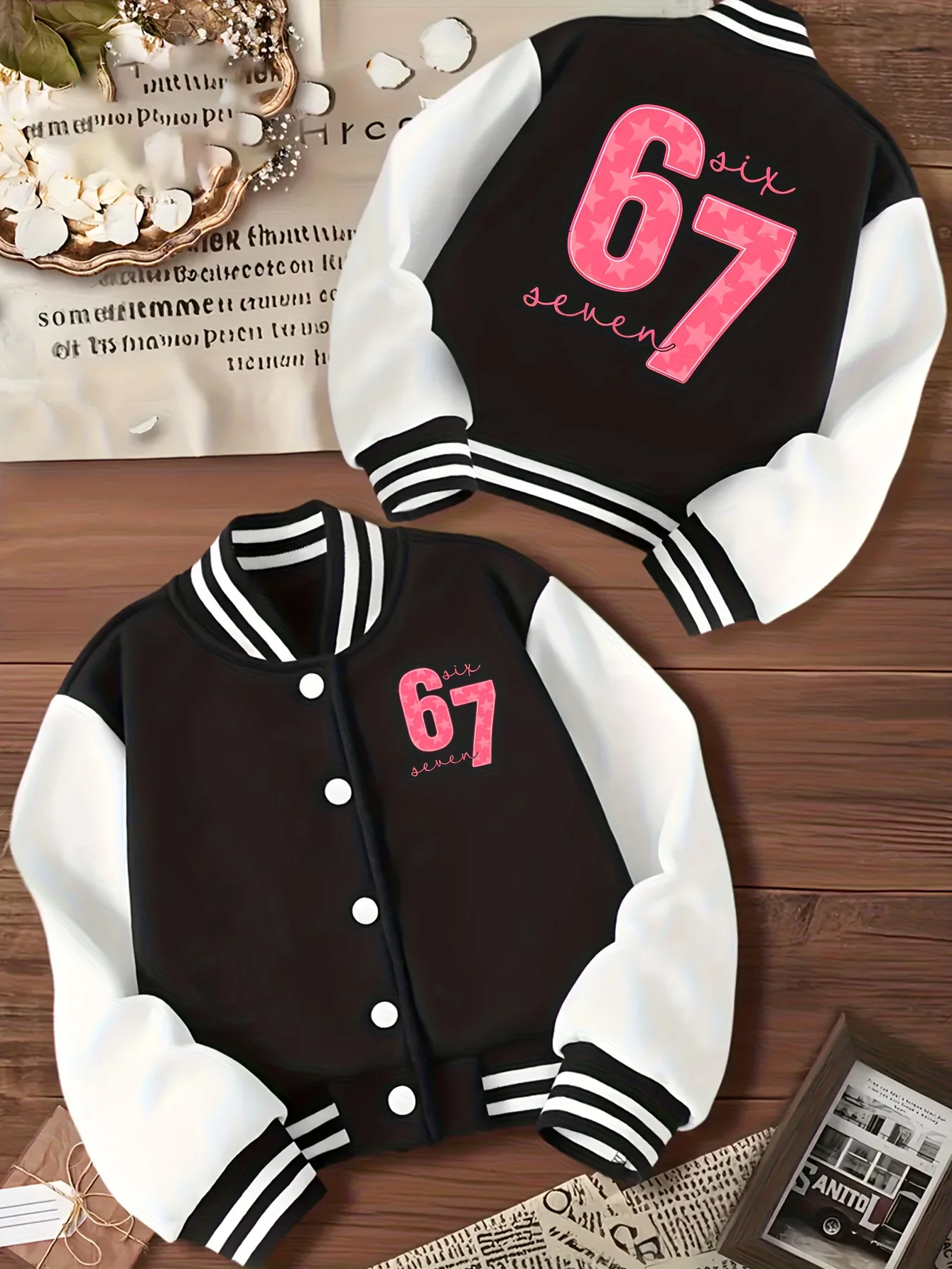 Six Seven Girls' 1-Piece Short Baseball Jacket - Casual Sports School Uniform with "67" Pattern Design Suitable for Children's Outdoor and Indoor Activities Sports Jacket Christmas image 2