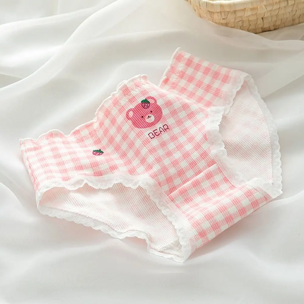 Soft Underwear Student Cotton Cartoon Plaid Middle-waist For Girls Briefs Female Lingeries Plaid Thong Strawberry Bear Panties