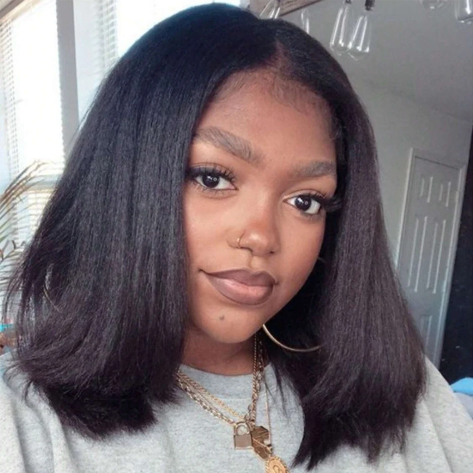 

Yaki Straight Wear And Go Glueless Human Hair Wig HD Lace Kinky Straight Short Bob 13x4 Lace Frontal Wig Human Wigs Ready To Go