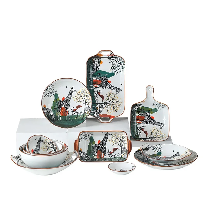 

Underglaze color Internet celebrity tableware set Ceramic, household creative bowl plate combination, cute rice bowl Fish plate