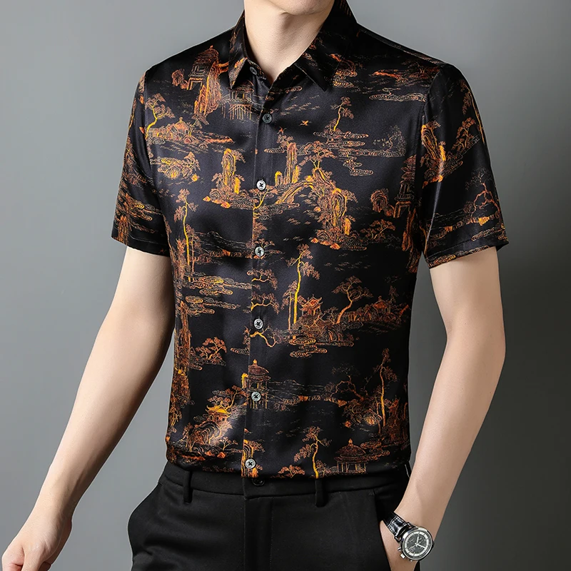 Fashion Trend 3D Print Men Shirt Real Silk Short Sleeve Premium Summer Quality Soft Comfortable Vintage Casual Camisas De Hombre