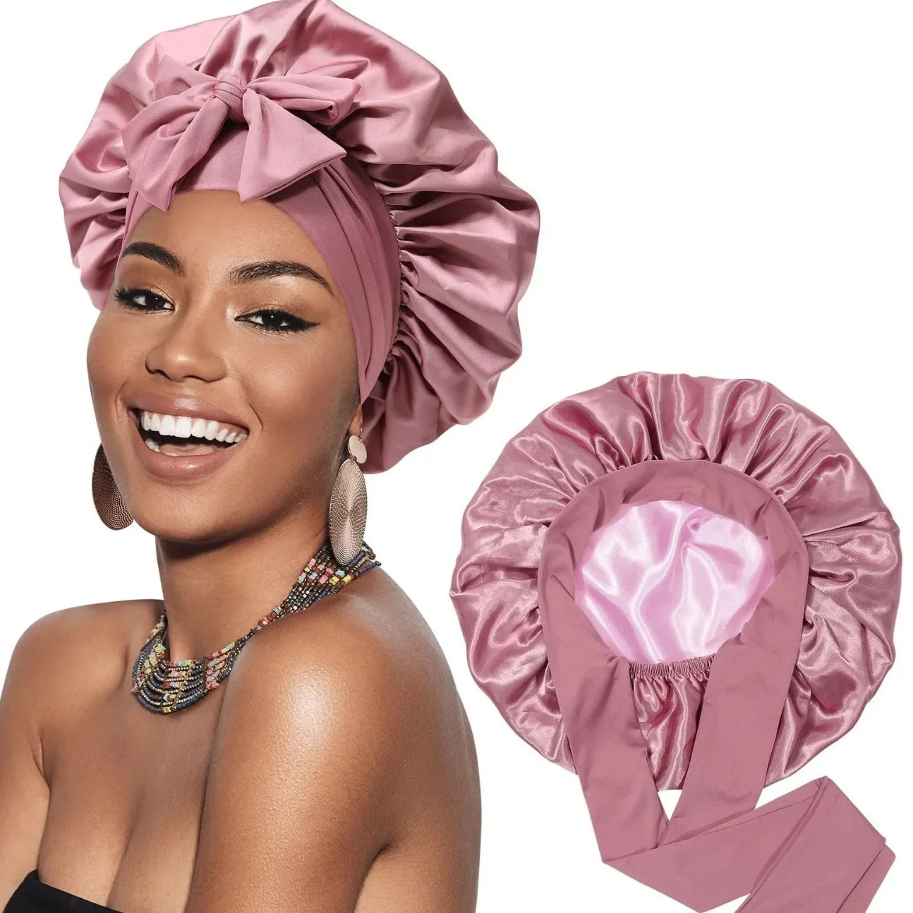 

New Satin Double Layer Bonnet Solid Wide Tie Band Stretch Head Silky Bonnet Edge Wrap Nightcap Hair Care Shower Bonnet for Women