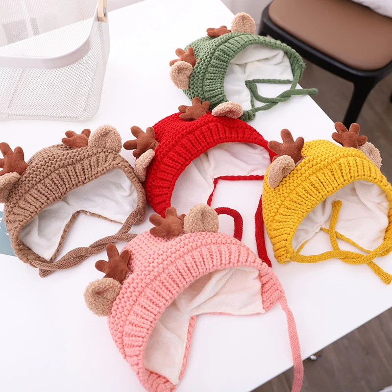 Baby Christmas Antler Element Wool Knit Hat Kids Fall/Winter Windproof Warm Earwrap Hats Cute Elk Antler Shape New Year Hat Gift