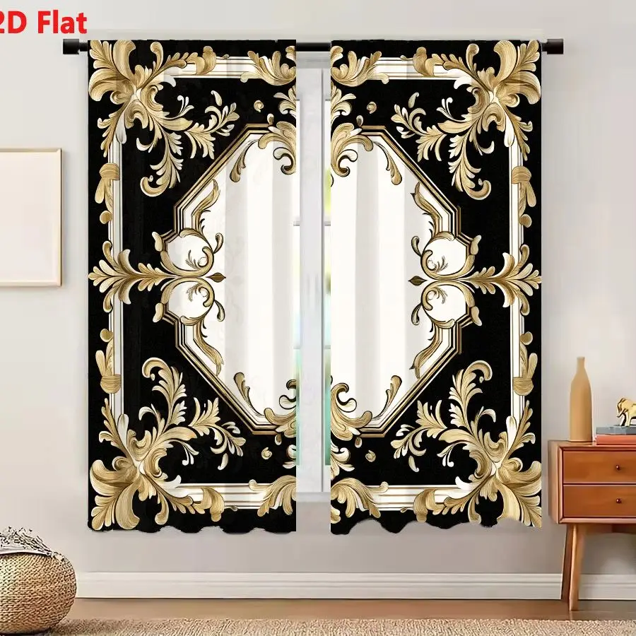 2Pcs Curtains Add 2D Flat Square Ornate Baroque Frame Gold And Cream Floral Motifs On Black Background Window Drapes for Bedroom
