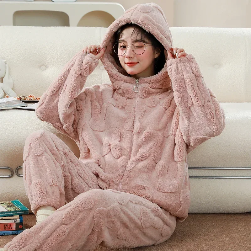 2024 New Women Sleepwear Winter Warm Thick Flannel Nightwear Zipper Fly Hooded Pajama Sets Lady Girls Cute Causal Loose Pyjamas