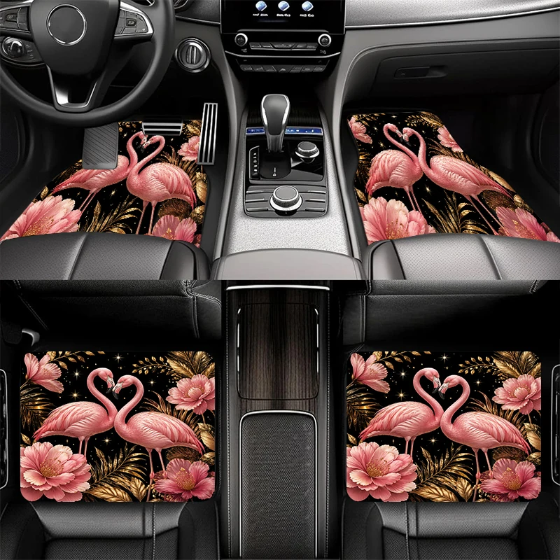 Flamingo Heart & Peony Car Floor Mats, 4pcs Universal Set, Romantic Flamingo Pair Forming a Heart with Pink Peonies & Gold Leave