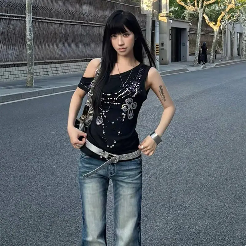 

Deeptown Black Vintage Y2k Gothic Women T-Shirts Print Sleeveless Irregular Off Shoulder Japanese Fashion Slim Tees Grunge Gyaru