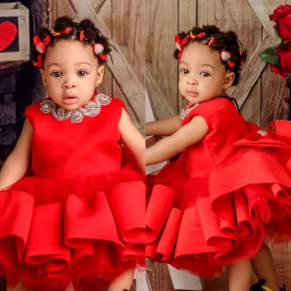 Vestidos vermelhos frisados flor menina com arco volta, babados joelho comprimento, princesa bebê meninas, primeira festa de aniversário, vestido pageant para casamento