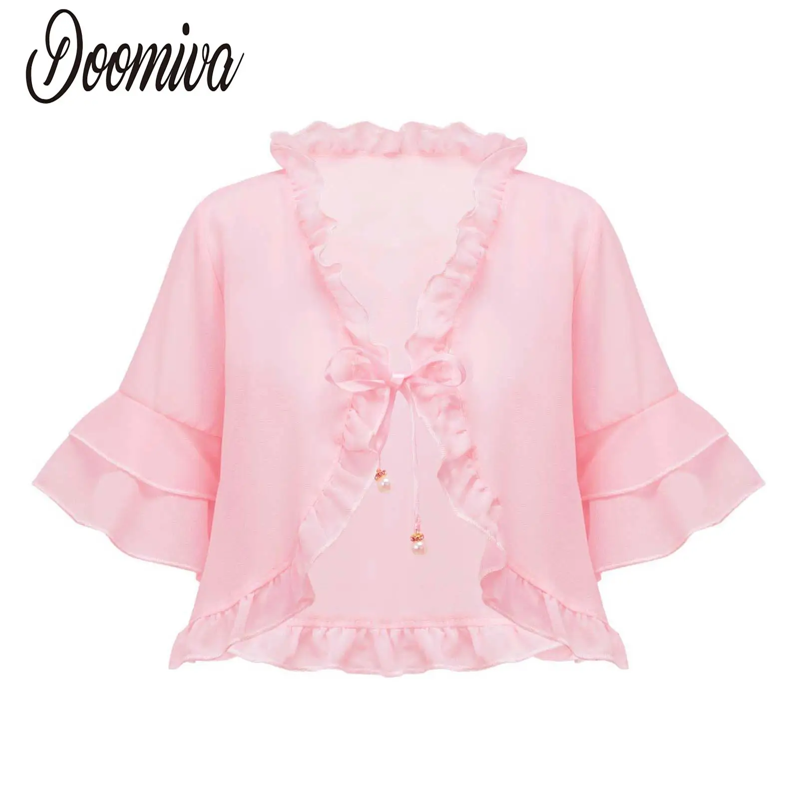 Dance Coat Cardigan for Kids Girls Stylish Mid-sleeve Ruffle Edge Chiffon Shawl Girl Pearls Pendant Lace-up Small Cardigan 2-12Y