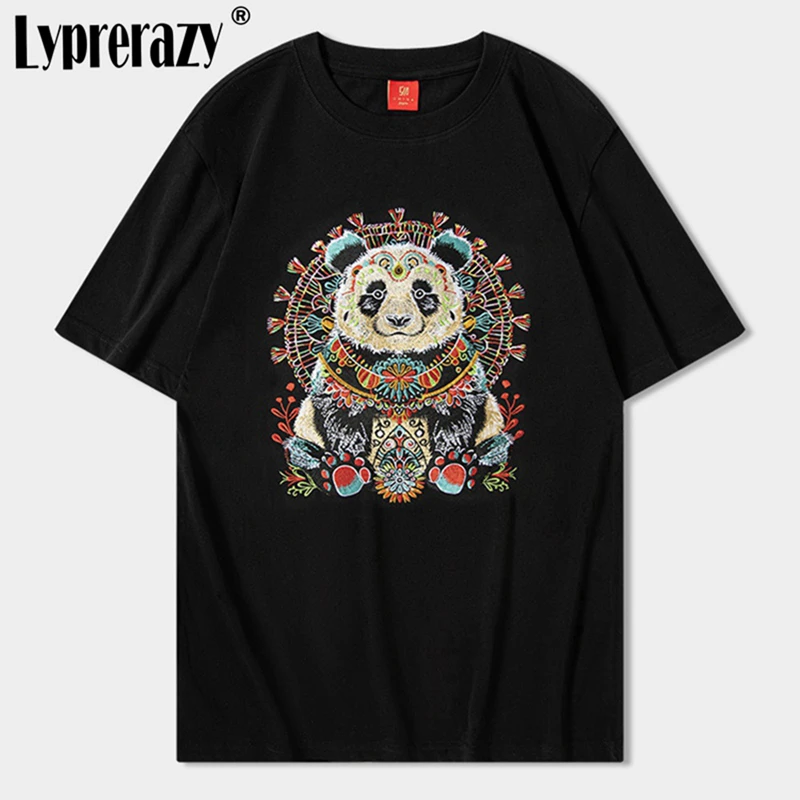 Lyprerazy National Tide Panda Embroidered Short-sleeved T-shirt Summer Cotton Loose Couples Tops Tees